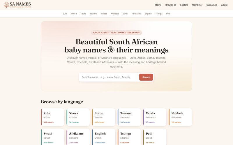 SA Names website screenshot
